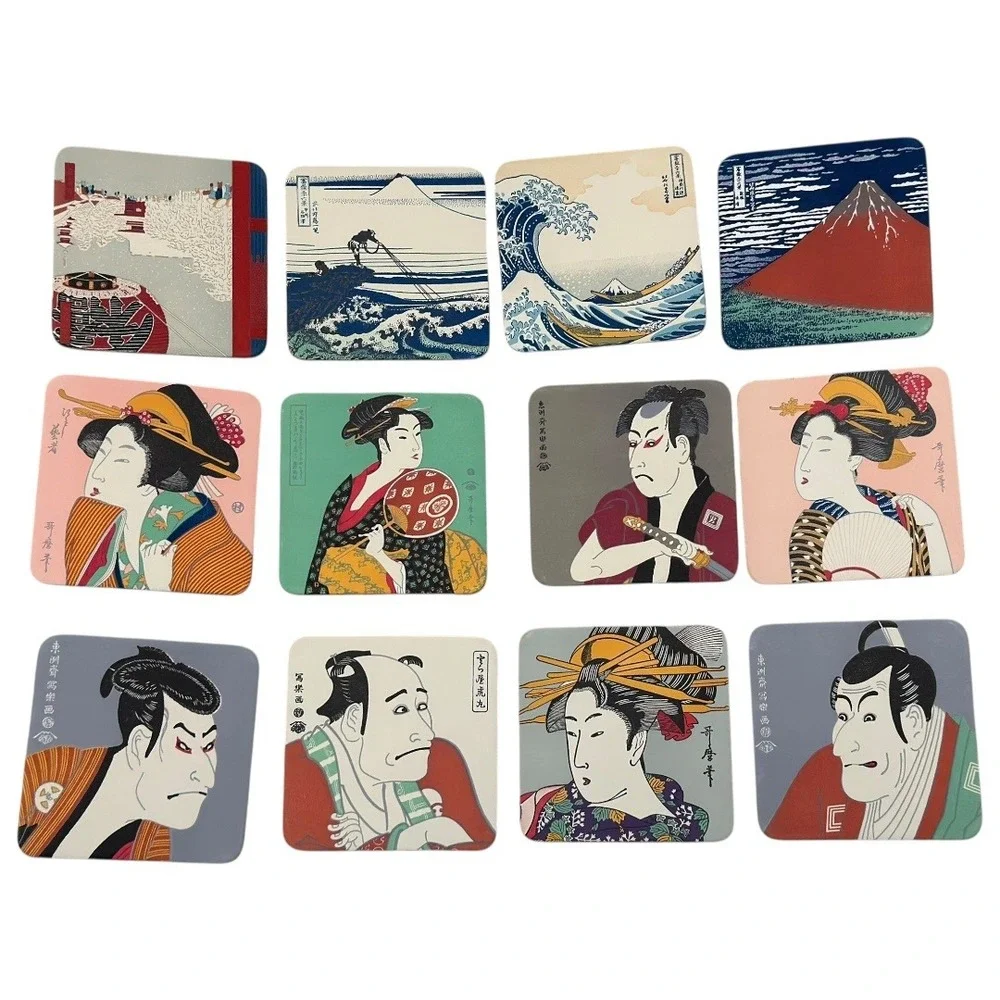 Japanese Ukiyoe Coasters Set Fine Art Woodblock Prints Mount Fuji Geisha Samurai